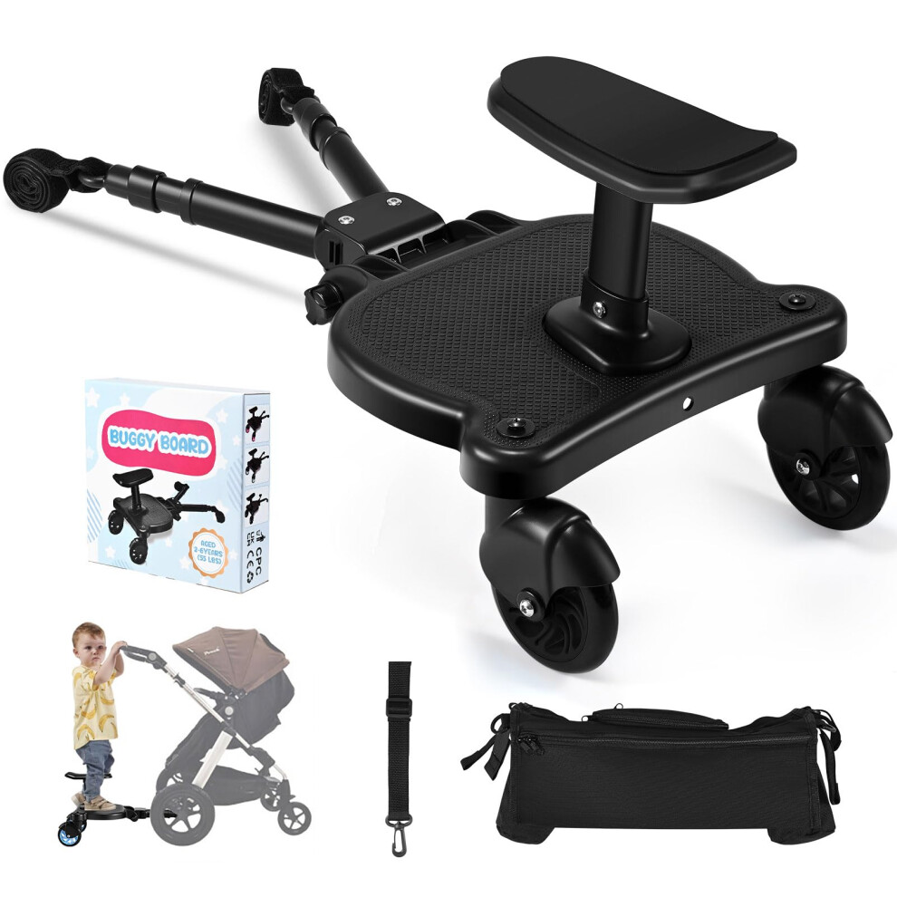 Universal Buggy Board With Seat, Kiddy Board With Pram Organiser Bag, Pram Standing Board Compatible With Over 99% Of Pushchairs, For Bugykido