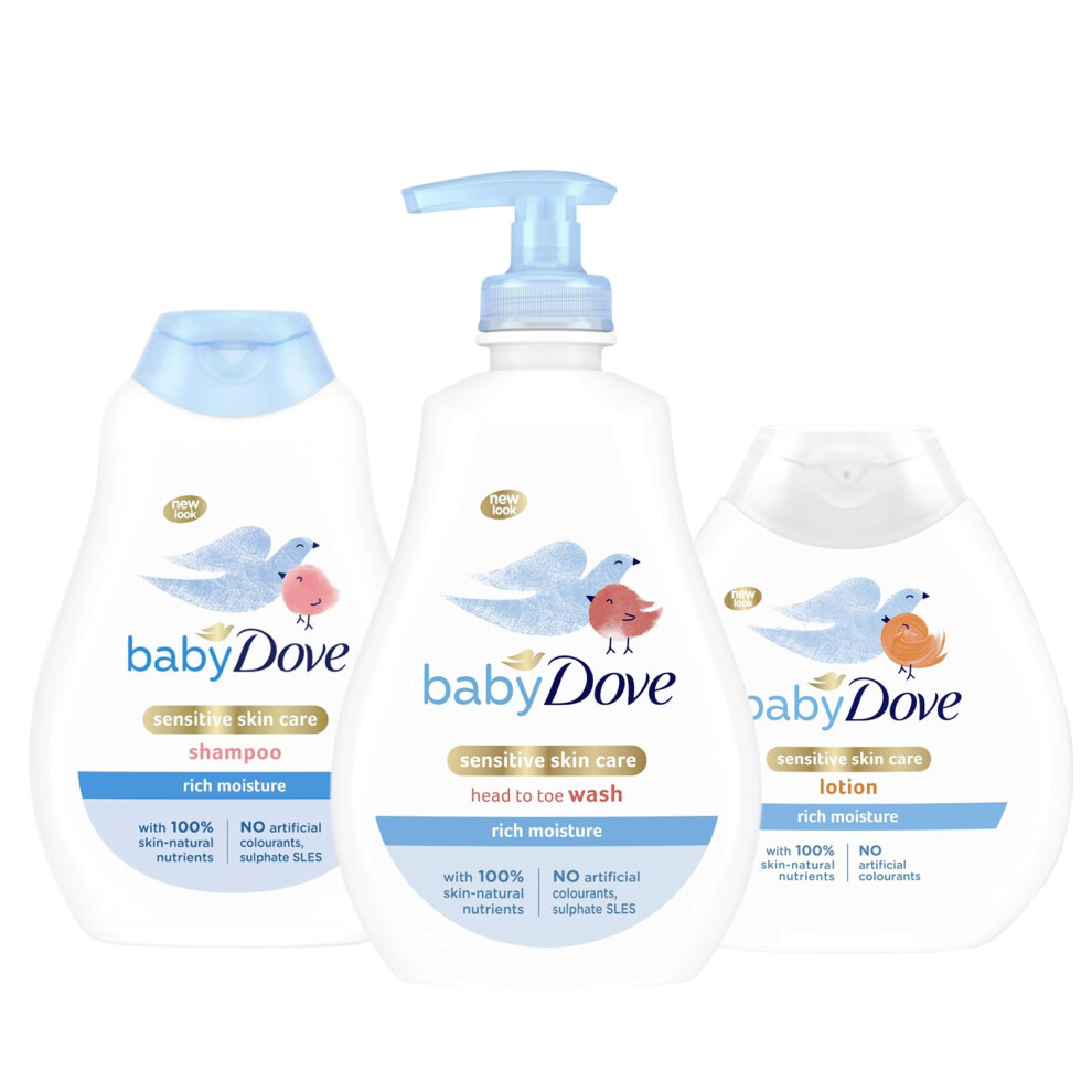 Sensitive Skin Care Rich Moisture Set: Head To Toe Wash 400Ml, Shampoo 400Ml And Lotion 200Ml Baby Dove
