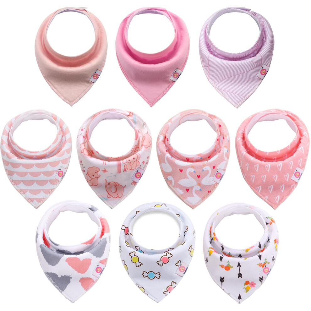 Newthinking 10 Pack Girl Dribble Bibs, Baby Bandana Bibs With Adjustable Snaps, 100% Cotton Baby Drool Bibs For 6-24 Months Newborn And Toddlers (Pink