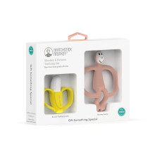 Matchstick Monkey, Antimicrobial Teething Gift Set - 1 Banana Shaped Soother and 1 Animal Teether, 3 Months Old+, Banana & Monkey - Dusty Pink