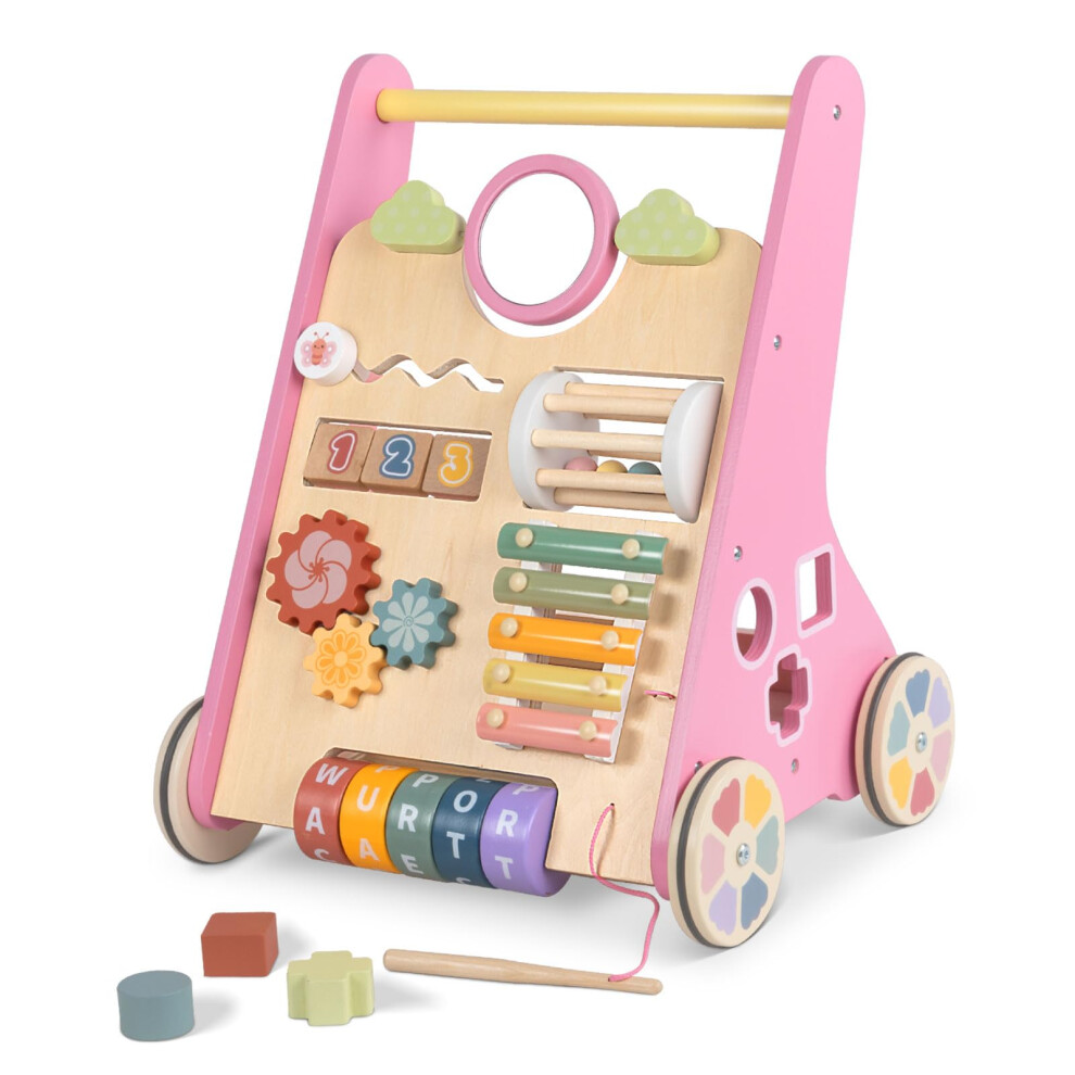 Wooden Baby Walker For 1 Year Olds Girls, Toddler Push Along Walker With Learning Toys, 2-In-1 Baby Activity Centre For 12 Months Girls Gifts Bautia