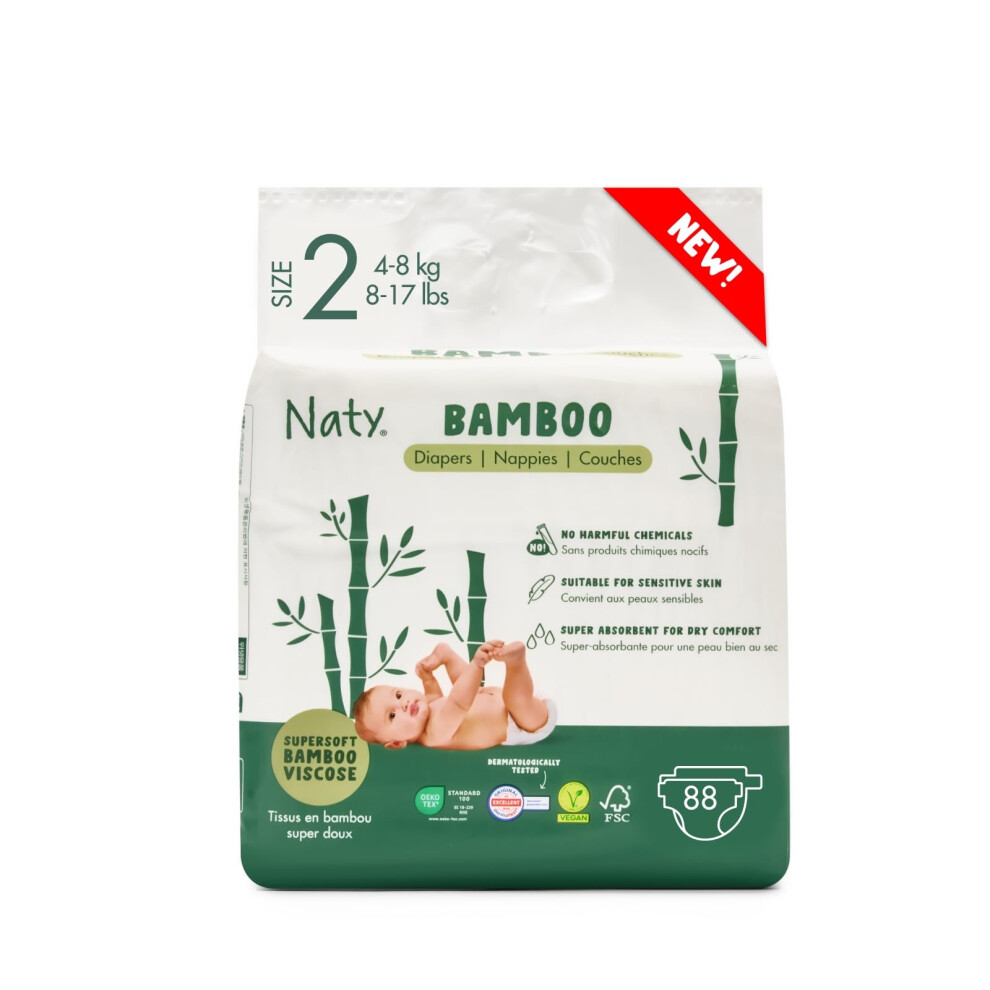 Naty Bamboo Viscose Baby Nappies ? Silky Soft, Plant Based Nappy, Dermatologically Tested for Sensitive Skin & Super Absorbent (Size 2, 88 Count)-image-OPC-PMXVQKZ-NEW