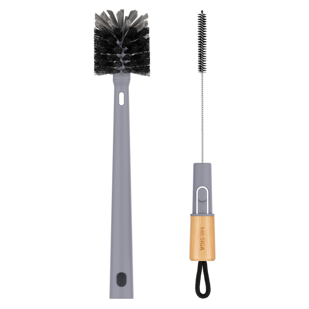 Mr.siga Bottle Brush, 2 In 1 Straw Cleaner Brush With Bamboo Handle, Flexible Bottle Cleaner For Glasswares, Mugs, Straw, Glass Cup, Grey, Brush Head