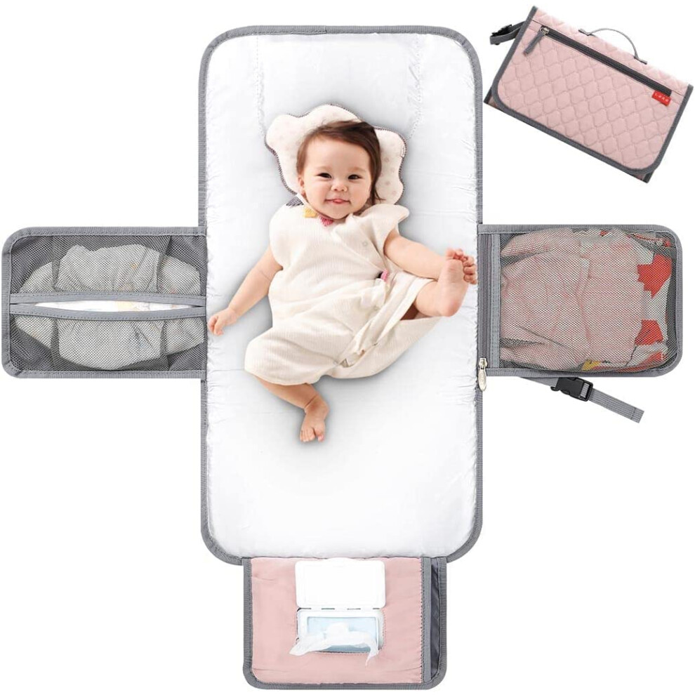 Lekebaby Portable Changing Mat Baby Nappy Changing Mat Travel Baby Change Mat With Wipe-Pocket And Head Cushion, Quilted Pink