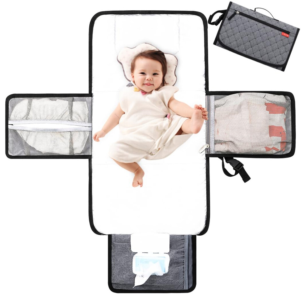 Lekebaby Portable Nappy Changing Mat Travel Baby Change Mat With Wipe-Pocket And Head Cushion, Diamond Quilting Grey