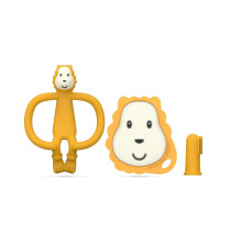 Matchstick Monkey, Antimicrobial Teething Starter Set - 1 Flat Face Teether, 1 Animal Teether, 2 Silicone Finger Toothbrushes, 3 Months Old+, Ludo