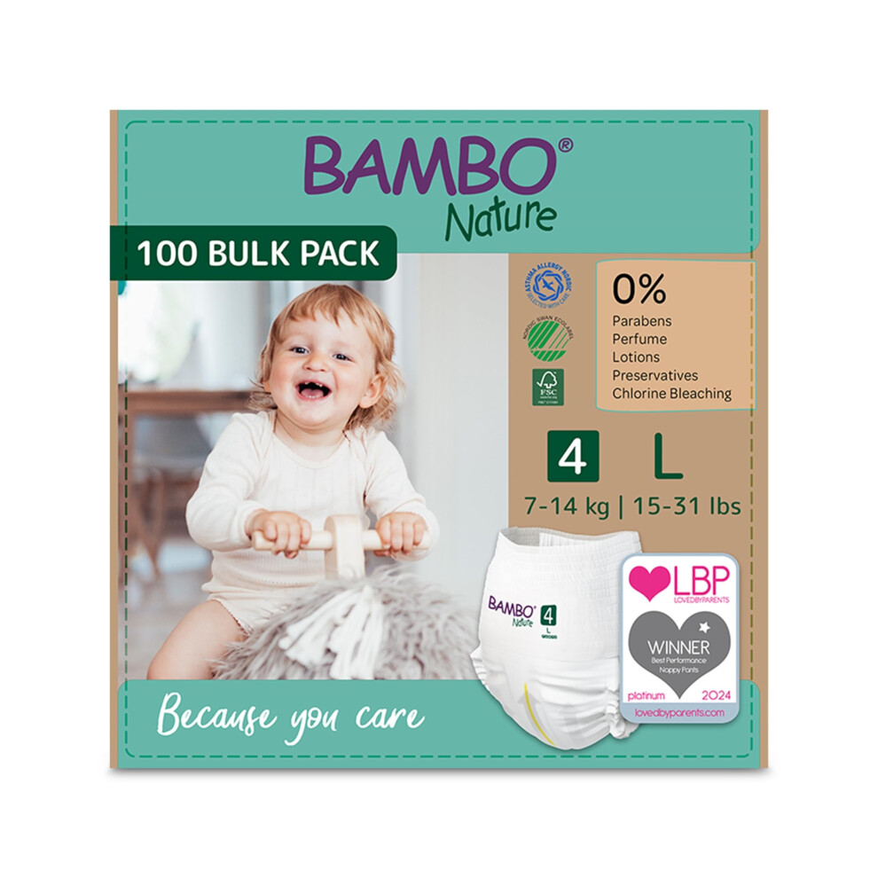 Bambo Nature Premium Training Pants, Size 4 (7-12Kg), L, 100Pk, Pull Ups, Pull Ups, Eco-Labelled Potty Training Nappy Pants, Secure, Comfortable,