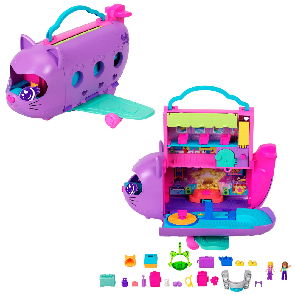 Polly Pocket Dolls And Playset, Kitty Airways Airplane, Travel Toy With 2 Micro Dolls And Pet, Spinning Stage And Accessories