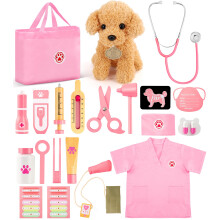 Ophy Doctors Set for Kids, Wooden Vet Set with Plush Dog, High simulation Stethoscope and Sphygmomanometer Pretend Role Play Medical Kit Toys Gifts