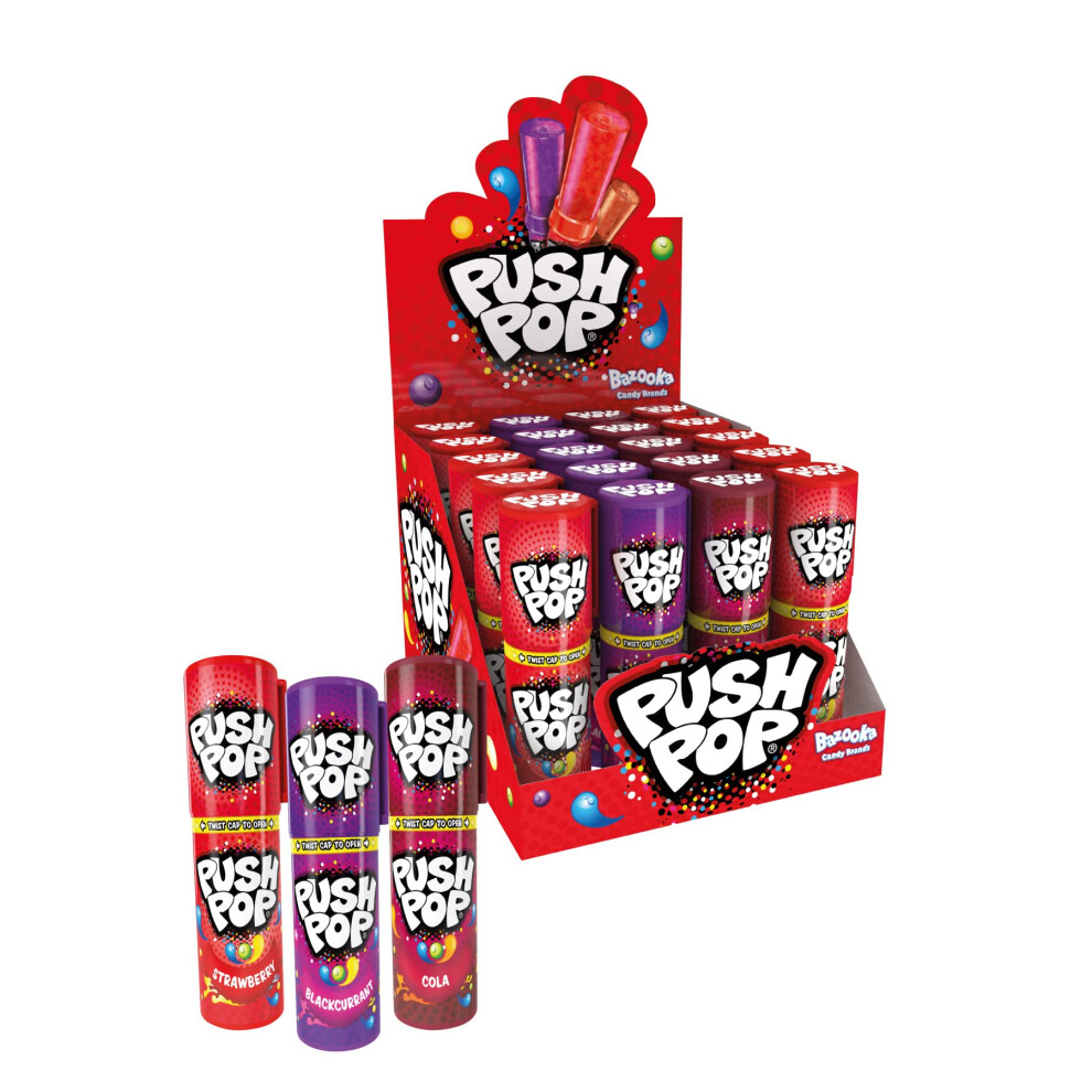 Bazooka Candy Brands Push Pop Lollipops ? 20 Lollies Of 3 Assorted Flavours - 10 Strawberry - 5 Blackcurrant - 5 Cola | Retro Sweets | Sweets In Bulk