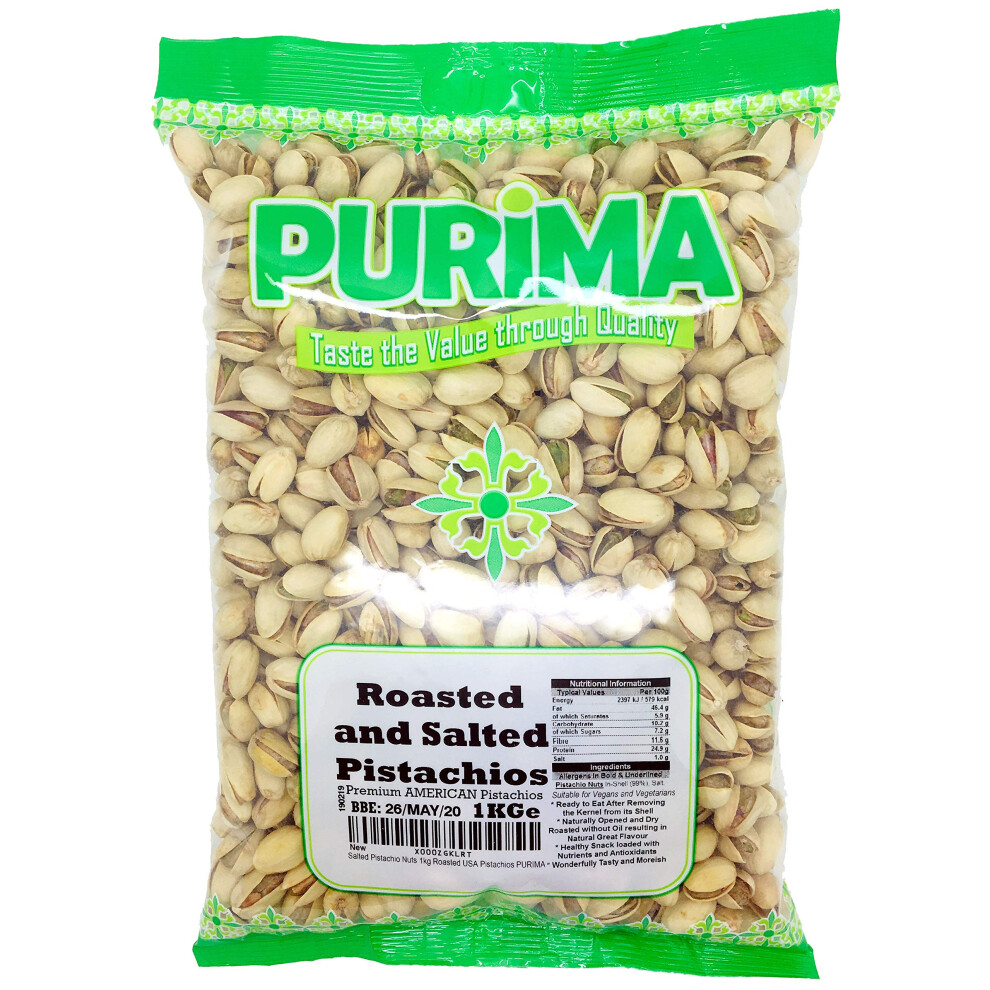 Purima Salted Pistachio Nuts 1Kg - Roasted And Salted Pistachios - Dry Oven Roast Salty Unshelled Kernels - Pub Snacks Large Jumbo Bulk Bag- Snacking Nut No