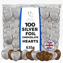 100 Milk Chocolate Hearts - Silver foil Mothers Day Chocolates - Creamy Wedding Party Table Favours - Ideal for Parties, Birthdays, Anniversaries,