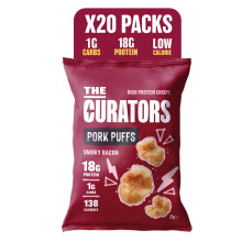 THE CURATORS High Protein Pork Puffs, Smoky Bacon, 25g (20 Packs) 18g Protein Low Carb Keto Gluten Free Savoury Snack