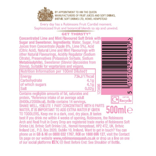 Robinsons Fruit Cordial, Mint, Crushed Lime Mint, 500ml pack of 8 1