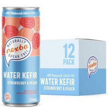 Nexba Naturally Sugar Free Strawberry & Peach Kefir Kombucha, 330 ml Sleek Can (Pack of 12)