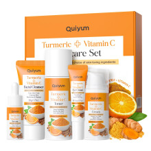 Quiyum Turmeric Vitamin C Skincare Set, Face Skin Care Sets & Kits Facial Cleanser,Toner,Serum,Eye Cream,Face Cream, Pamper Gift Set for Women Teenage