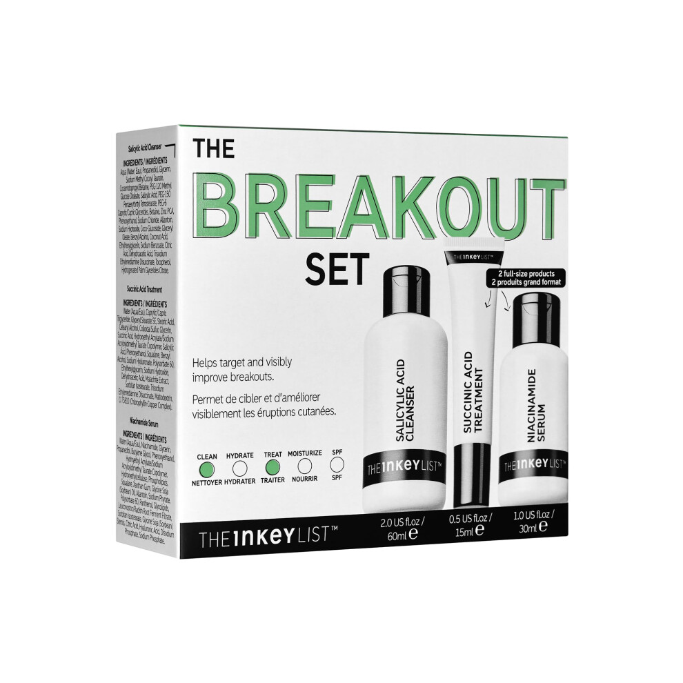 The Inkey List Breakout Set, Salicylic Acid Cleanser, Niacinamide Serum & Succinic Acid Treatment, Nourishing Skincare Set, Targets Breakouts,