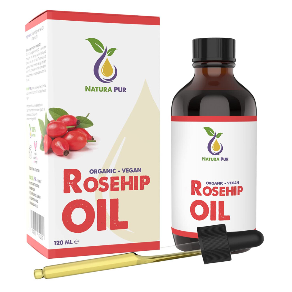 Natura Pur Rosehip Oil 120Ml - 100% Organic, Cold Pressed, Vegan - Anti-Aging Rose Hip Seed Oil For Face, Skin, Body, Hair, Hands