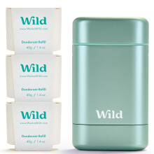 Wild - Natural Refillable Deodorant - Aluminium Free - Aqua Case with 3 x Fresh Cotton & Sea Salt Refill (40g) - Vegan & Eco-Friendly - Long Lasting