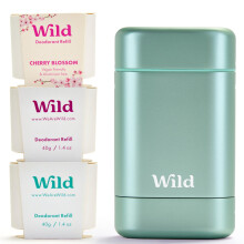 Wild - Aqua Case with Refill Variety Pack (3 x 40g) - Natural Refillable Deodorant - Aluminium Free - Includes Fresh Cotton & Sea Salt, Cherry Blossom