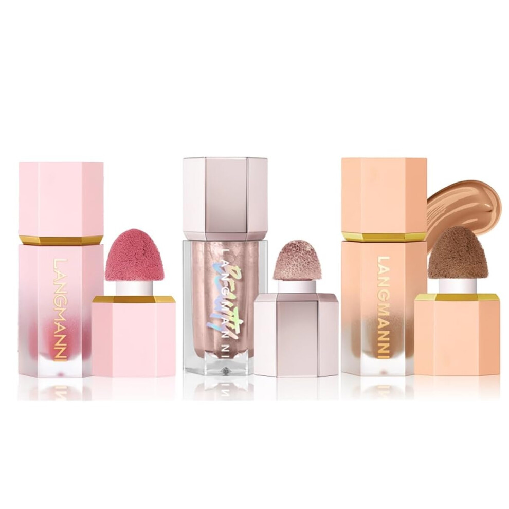 3 Pack Liquid Contour & Highlighter & Blush Makeup Set Long Lasting Natural Weightless Buildable Contouring Bronzer Liquid Blush Stick Beauty Wand-image-OPC-PMXWCWF-NEW