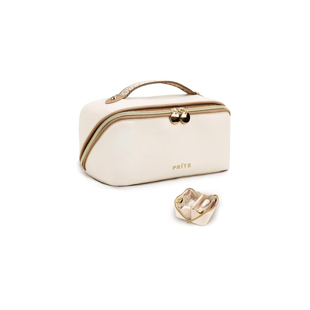 Prite Beige Large Capacity Makeup Bag Portable Travel Cosmetic Bag Waterproof Toiletry Case With Clear Divider And Handle (Beige)