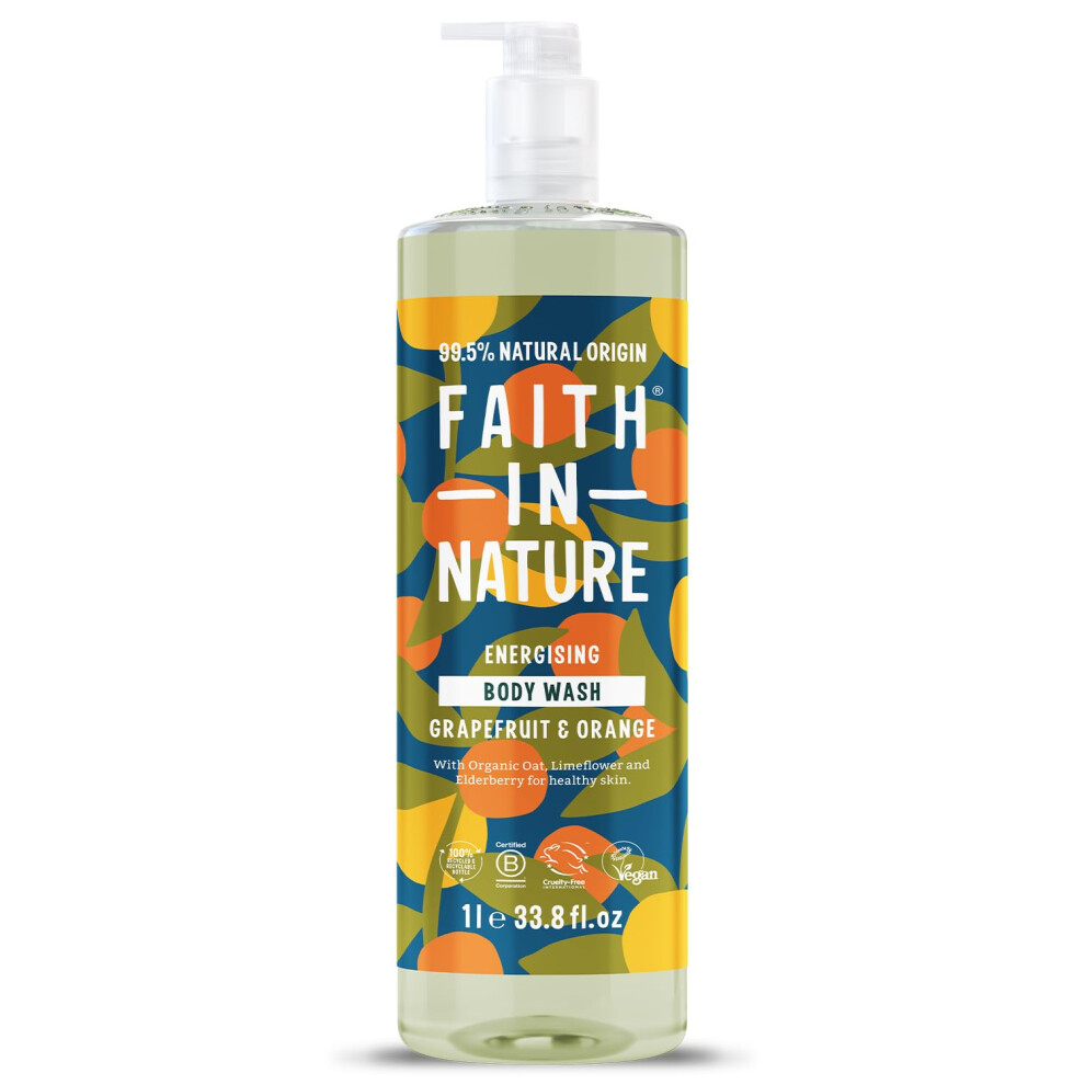 Faith In Nature 1L Natural Grapefruit & Orange Body Wash, Energising Shower Gel, Vegan and Cruelty Free, No SLS or Parabens, Family Size-image-OPC-PMXWDMH-NEW