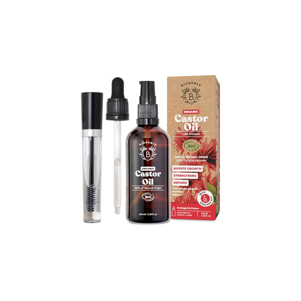 Bionoble Organic Castor Oil 100Ml - 100% Pure, Natural, Cold Pressed - Lashes, Eyebrows, Body, Hair, Beard, Nails - Vegan And Cruelty Free - Glass