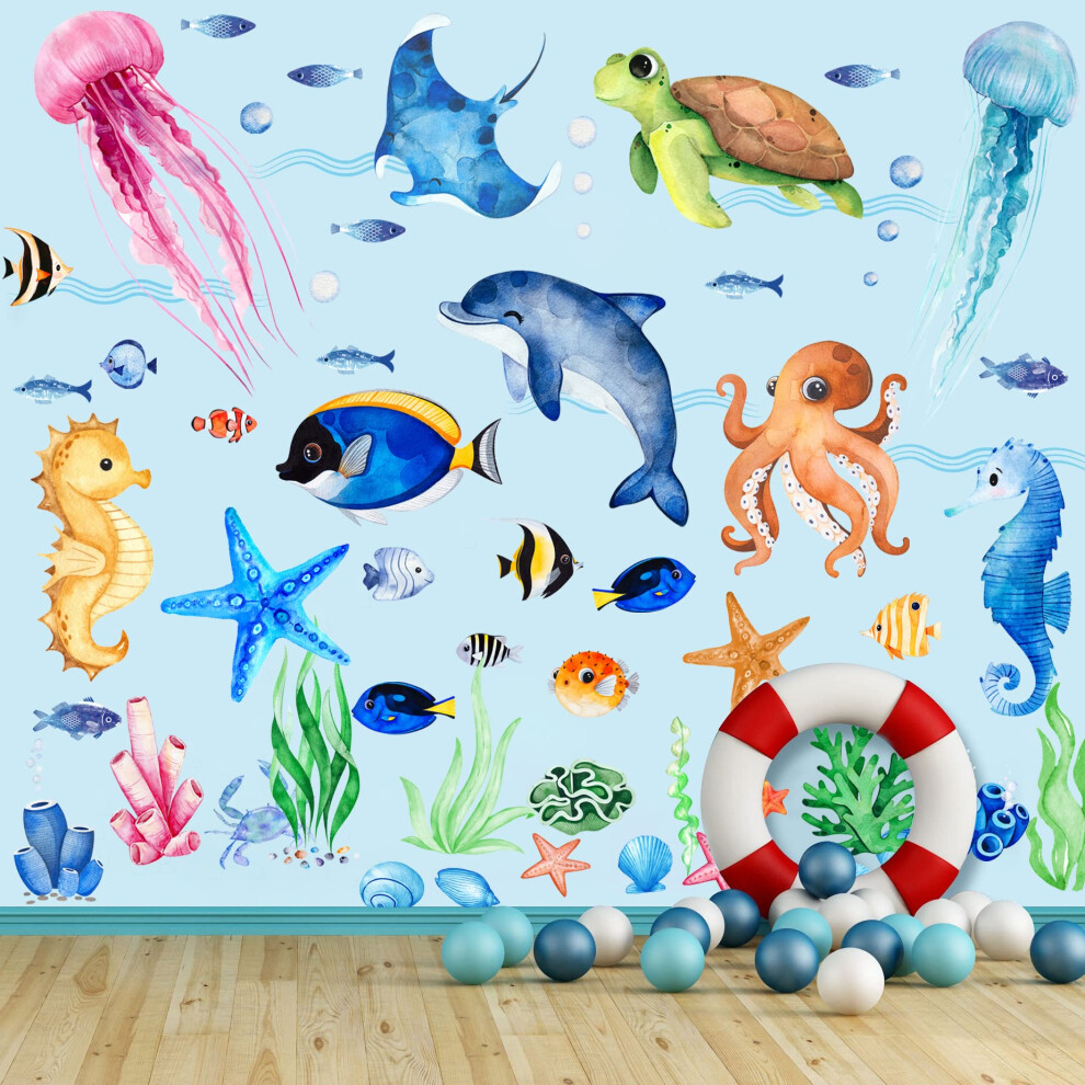 Sinekong 7 Sheets Ocean Fish Wall Stickers, Under The Sea Wall Sticker Removable Sea Life Marine Animal Stickers Watercolor Ocean Creatures Wall Decals For