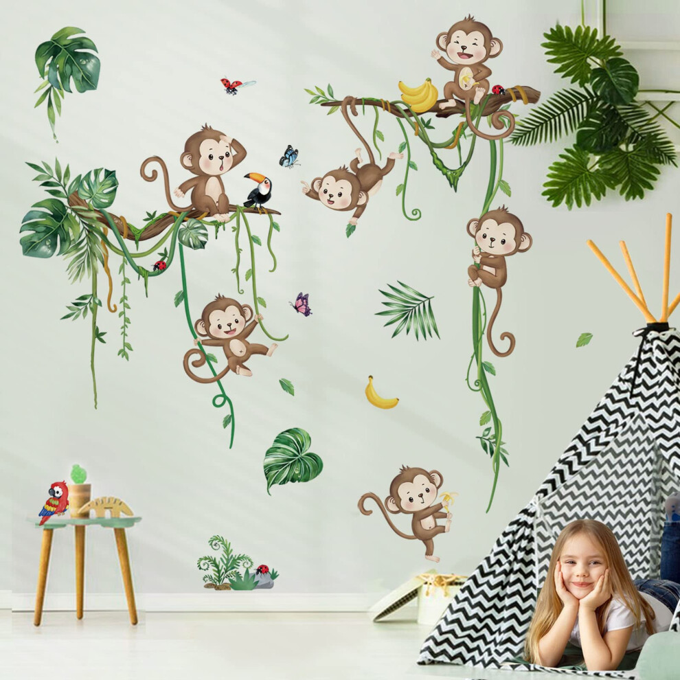 Decalmile Jungle Monkey Climbing Tree Wall Decals Jungle Animals Vine Leaves Wall Stickers Baby Nursery Kids Room Living Room Wall Decor