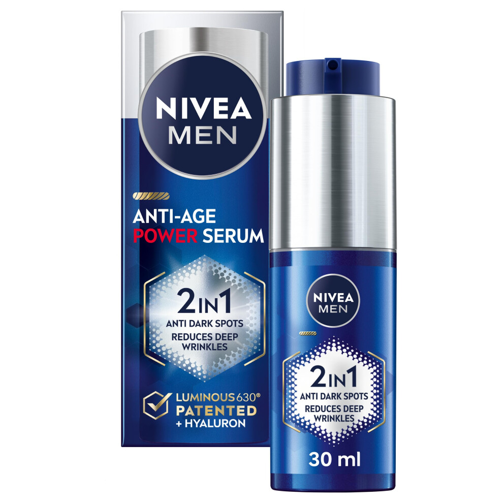 Nivea Dark Men Anti-Age 2In1 Power Serum (30Ml), Hydrating Serum With Luminous 630 And Hyaluronic Acid, Reduces Deep Wrinkles And Spots For