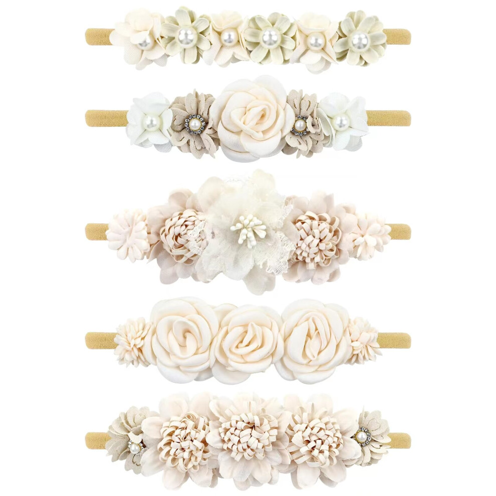 Cinaci 5 Pieces Super Stretchy Soft Baby Girl Nylon Flower Headbands Baptism Christening Floral Tiaras Crowns Hairbands Hair Accessories For Newborns