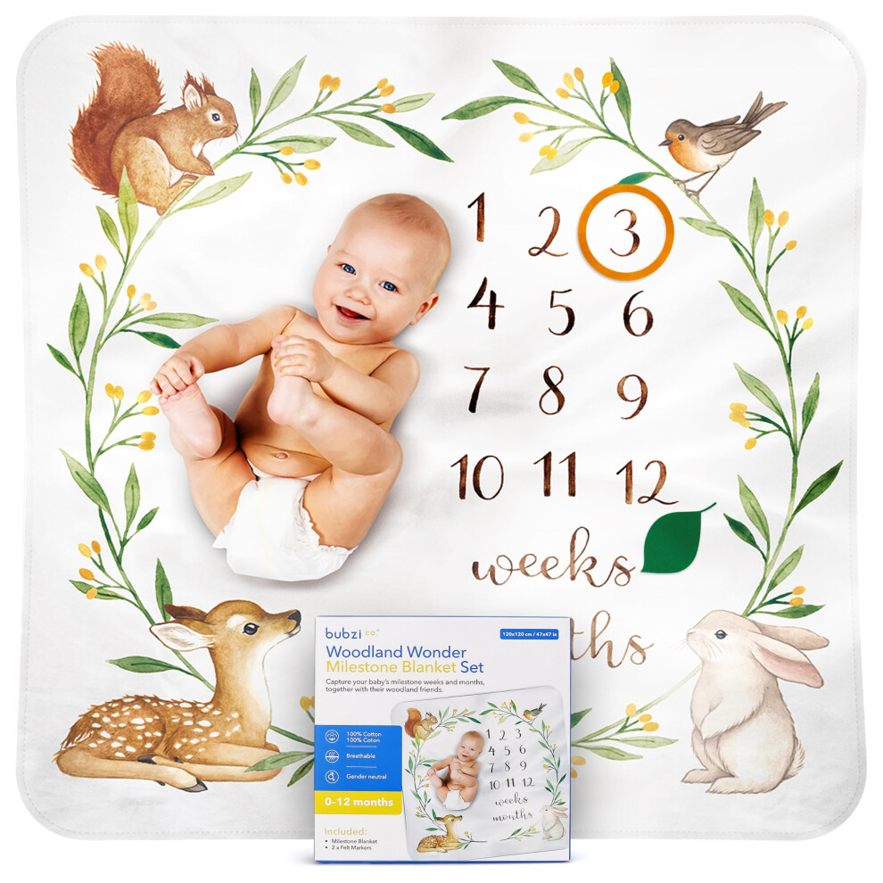 Baby Monthly Milestone Blanket, Soft Woodland Photo Blanket For Baby Boy & Baby Girl, Nursery Bed Blanket, Newborn Essentials, Baby Registry Must Bubzi Co