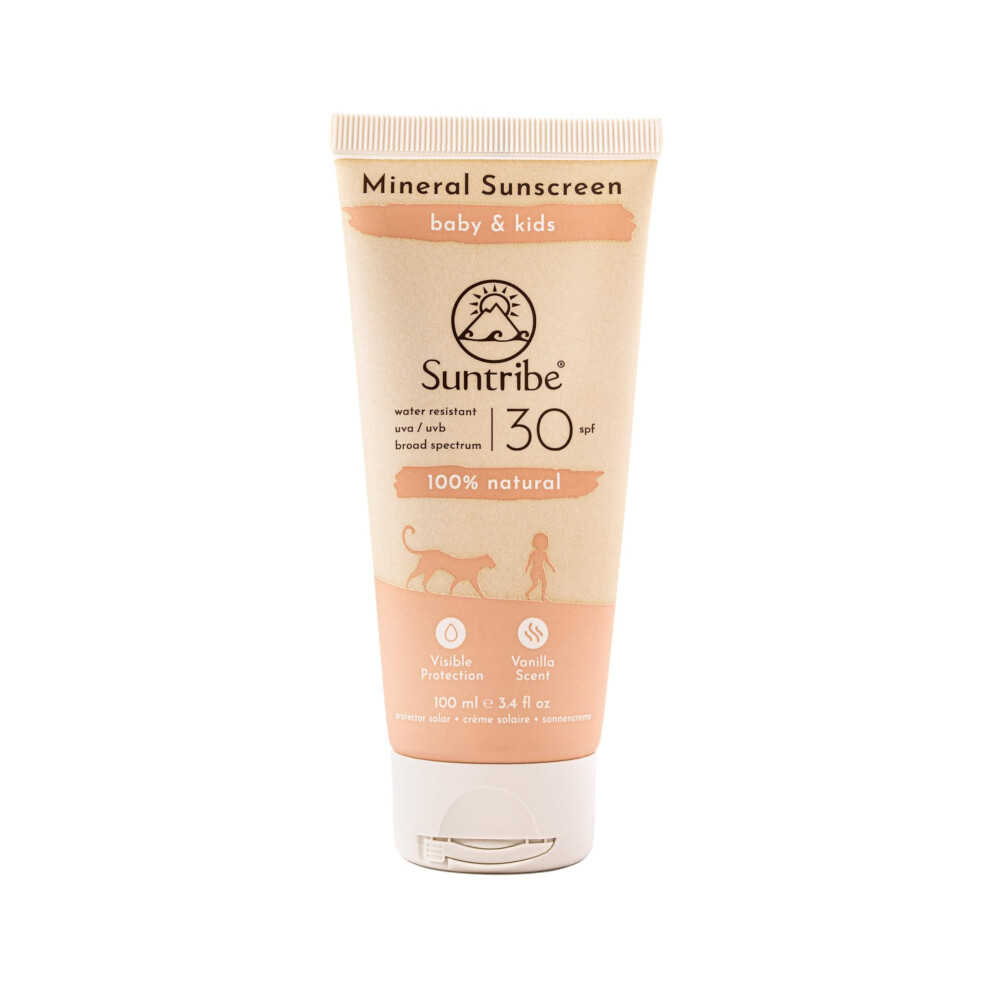 Suntribe Natural Baby & Kids Mineral Sunscreen Spf 30-100 Ml, Organic, Perfume Free - 100% Natural & Reef Safe, Non-Nano Zinc Oxide, Water Resistant