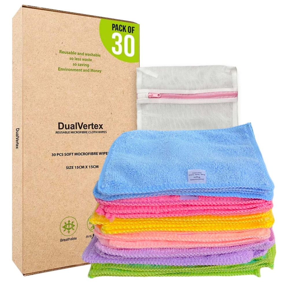 Dualvertex 30 Reusable Baby Wipes Microfiber Face Cloth Washable, Reusable, Multipurpose, Unscented - Makeup Remover Cloth With Laundry Bag | Hand