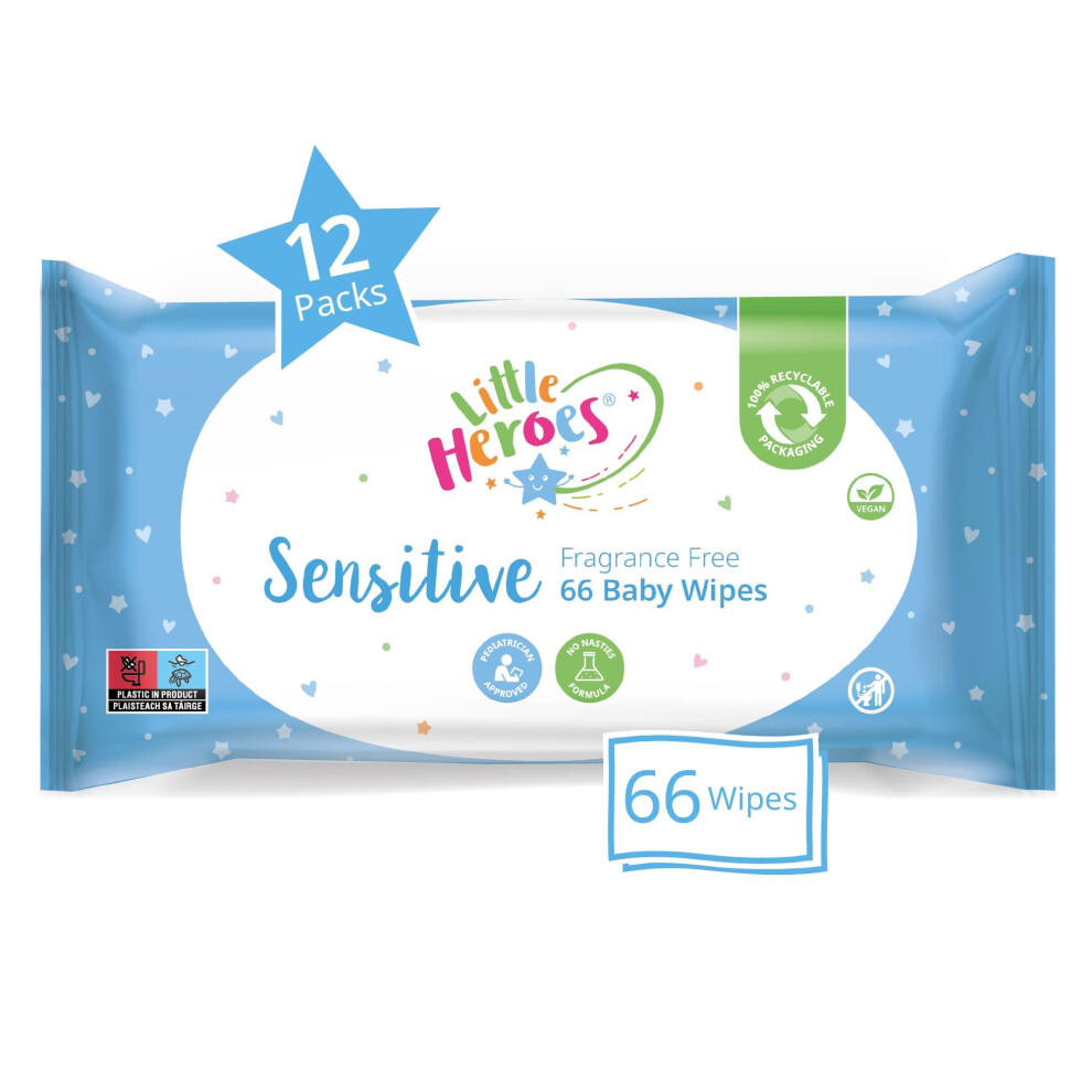 Sensitive Baby Wipes, Fragrance Free (12 Packs X 66 Wipes Totaling 792 Wipes) Little Heroes