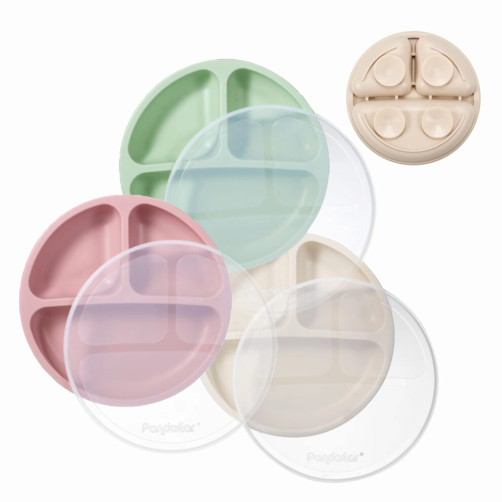 Silicone Suction Plates Set - 3-Pack For Baby Weaning With Lids And Divided Sections Pandaear