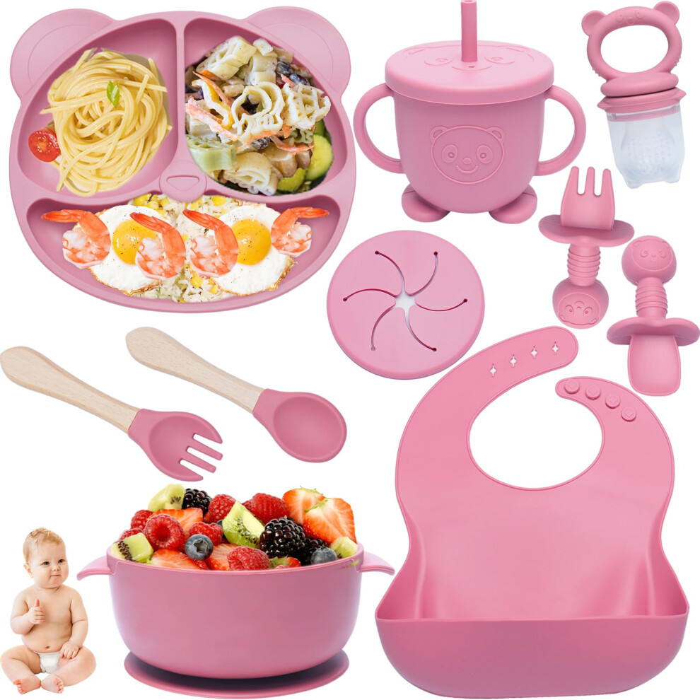 Kinyoda Baby Weaning Set 10 Pcs Silicone Baby Feeding Set With Suction Bowl, Adjustable Bib,Cup,Fork & Spoo,Baby Plate,Silicone Plate Baby, Gift, Food
