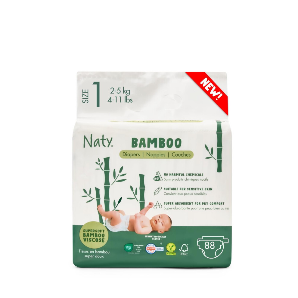 Naty Bamboo Viscose Baby Nappies ? Silky Soft, Plant Based Nappy, Dermatologically Tested For Sensitive Skin & Super Absorbent (Size 1, 88 Count) Eco By Naty