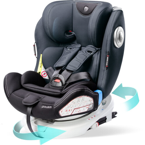 globalkids Safety Baby Car Seat with Isofix and Top Tether, 360 Degree Rotating Child Seat for All Group 0-12 Years Old (up to 36kg), Black (2022