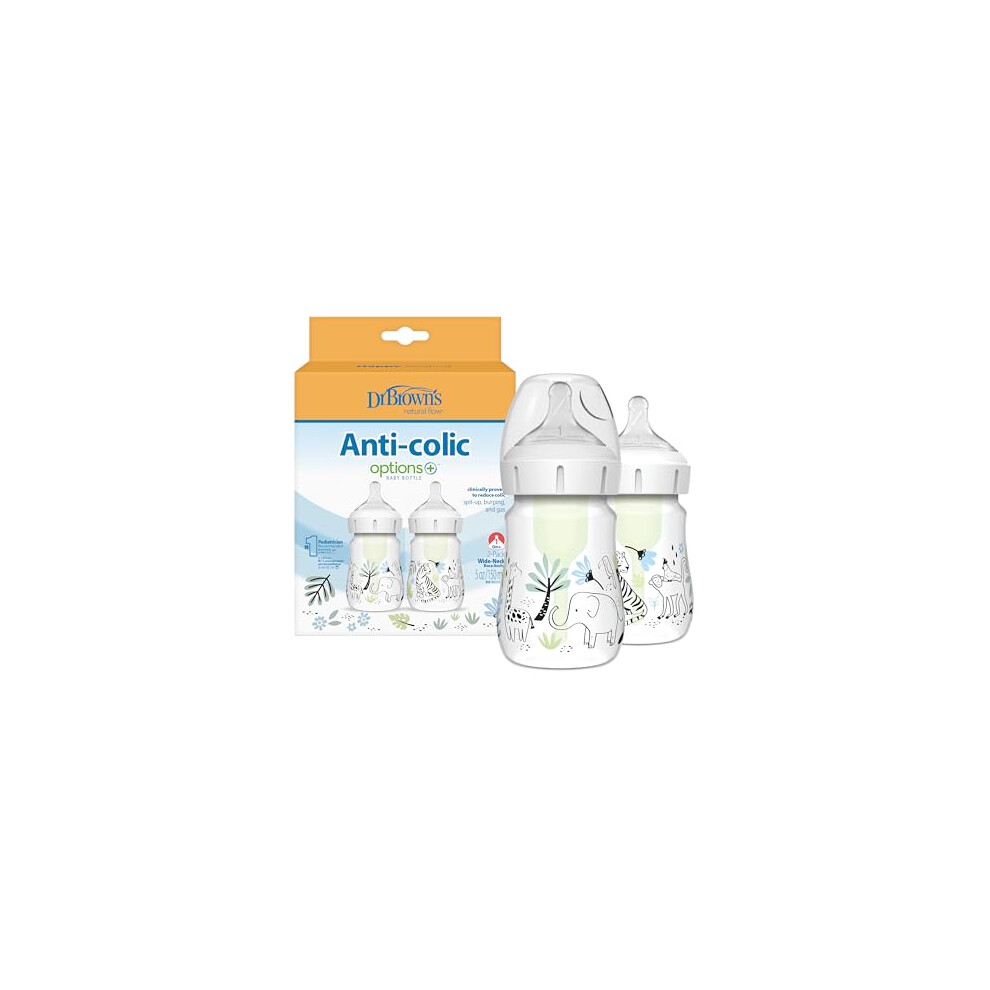 Dr. Brown's Anti-Colic Options+ Wide-Neck Baby Bottle, 5Oz/150Ml, 2-Pack - Jungle Design