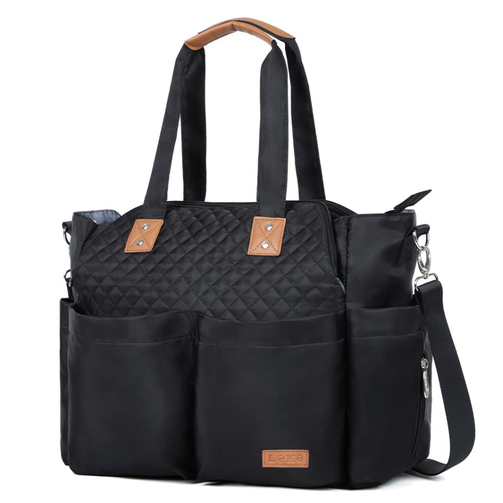 Lekebaby Baby Changing Bag - Large Nappy Bags For Mom And Dad, Stylish Travel Tote With Nappy Changing Mat, Quilted Black