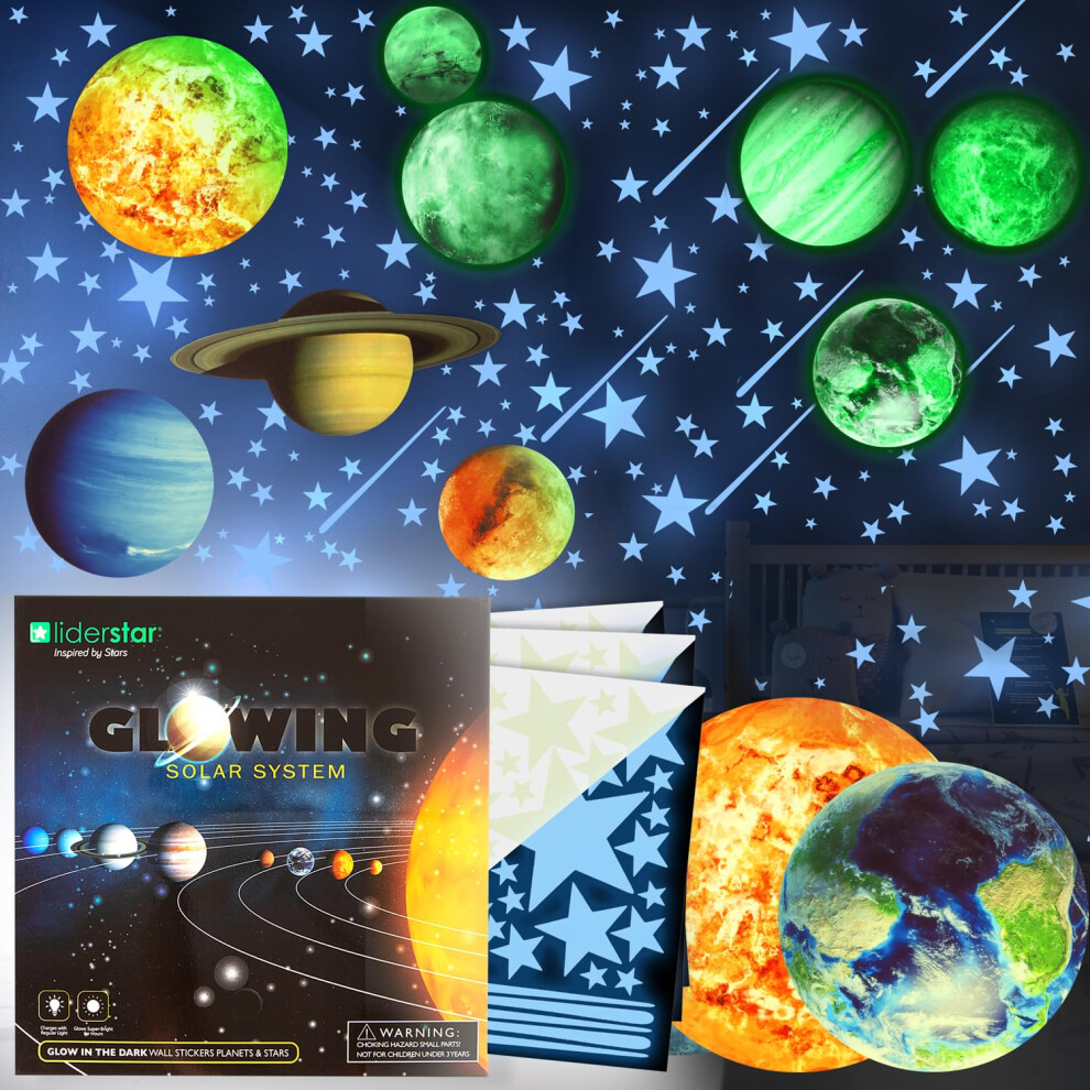 Glow In The Stars And Planets, Bright Solar System Wall Stickers -Glowing Ceiling Decals For Kids Bedroom Any Room,Shining Space Decoration, Dark Liderstar