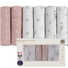 Bubba Bear Muslin Cloths for Baby, 6 Pack of Bamboo & Organic Cotton Muslins Squares 70x70cm, Large Burp Cloth for Babies, Cute Newborn Essentials for