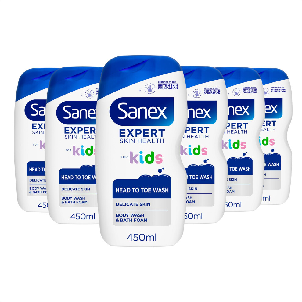 Expert Skin Health Body & Hair Kids Shower Gel 6 X 450Ml Gently Cleanses Delicate Skin 12 Hour Hydration Paediatrician Approved Prebiotic & Sanex