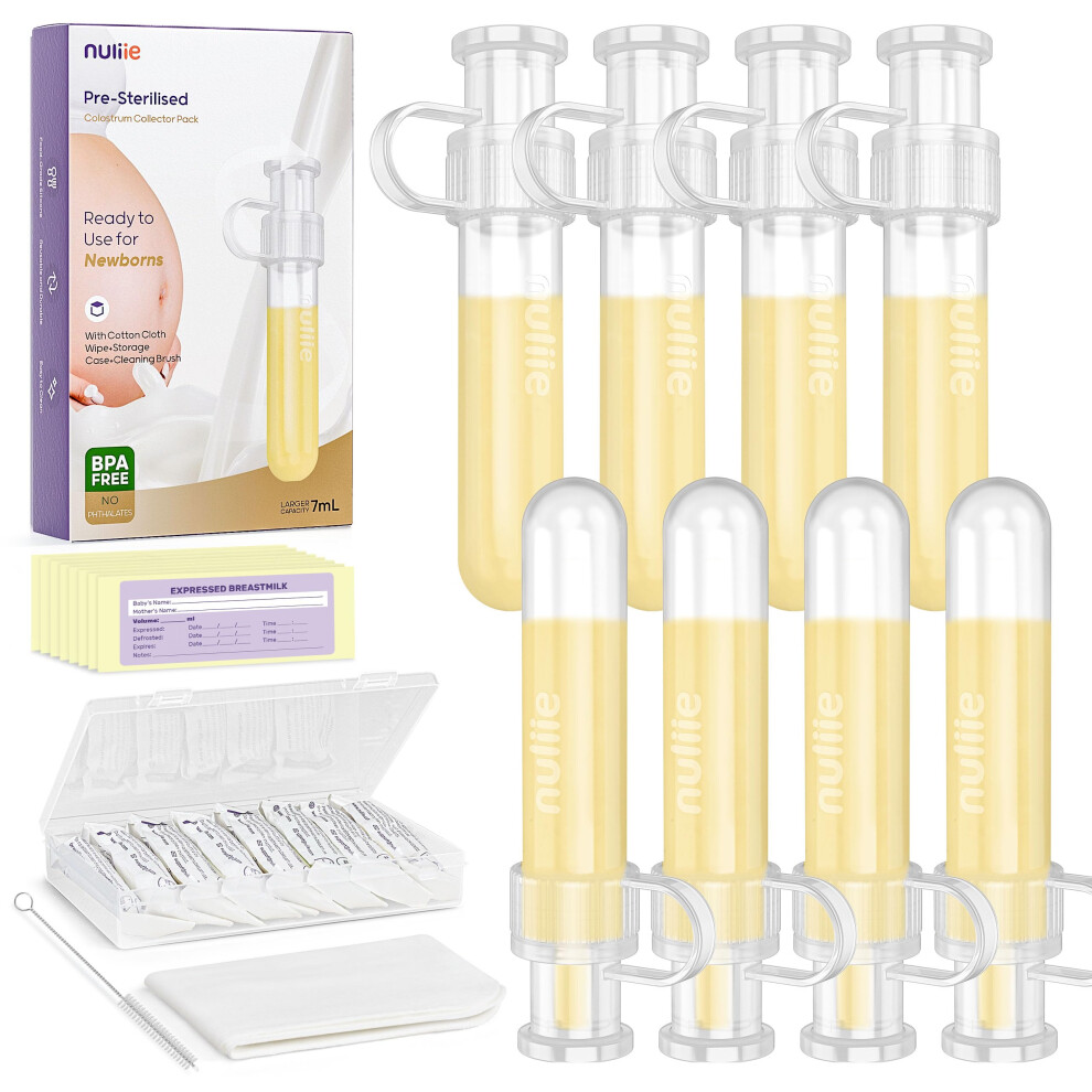Nuliie Colostrum Collector Kit 7Ml/8Pcs, Leakproof, Reusable Breast Milk Collector, Heat & Freezer Resistant, Bpa-Free, With Cotton Cloth Wipe,