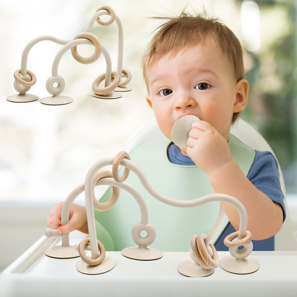 Baby Teething Toys, Multi Purpose High Chair Suction Teether Toy For Toddler 3 Month+ Old, Sensory Toys With Wooden Ring Suitable For 0-6 Aituitui