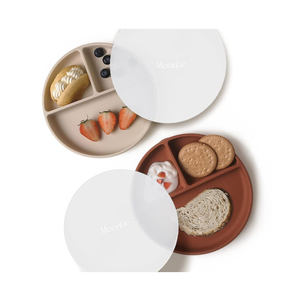 Moonkie Suction Plates For Babies & Toddlers | Bpa-Free Weaning Plate With Lid | Silicone Divided Plate | Microwave And Dishwasher Safe - 2 Pack