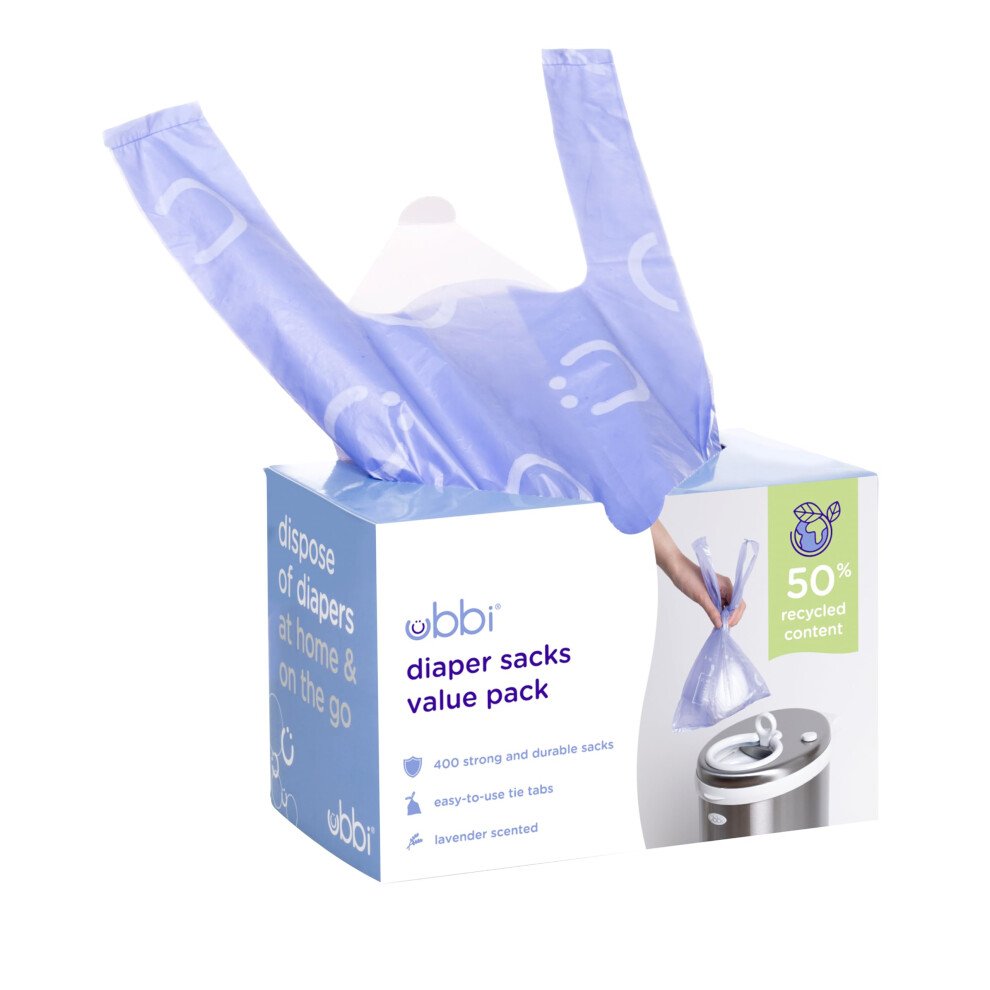 Ubbi Disposable Nappy Sacks, Lavender Scented, Easy-To-Tie Tabs, Baby Diaper Disposal or Pet Waste Bags, Value Pack, 400 Count-image-OPC-PMXWK5H-NEW
