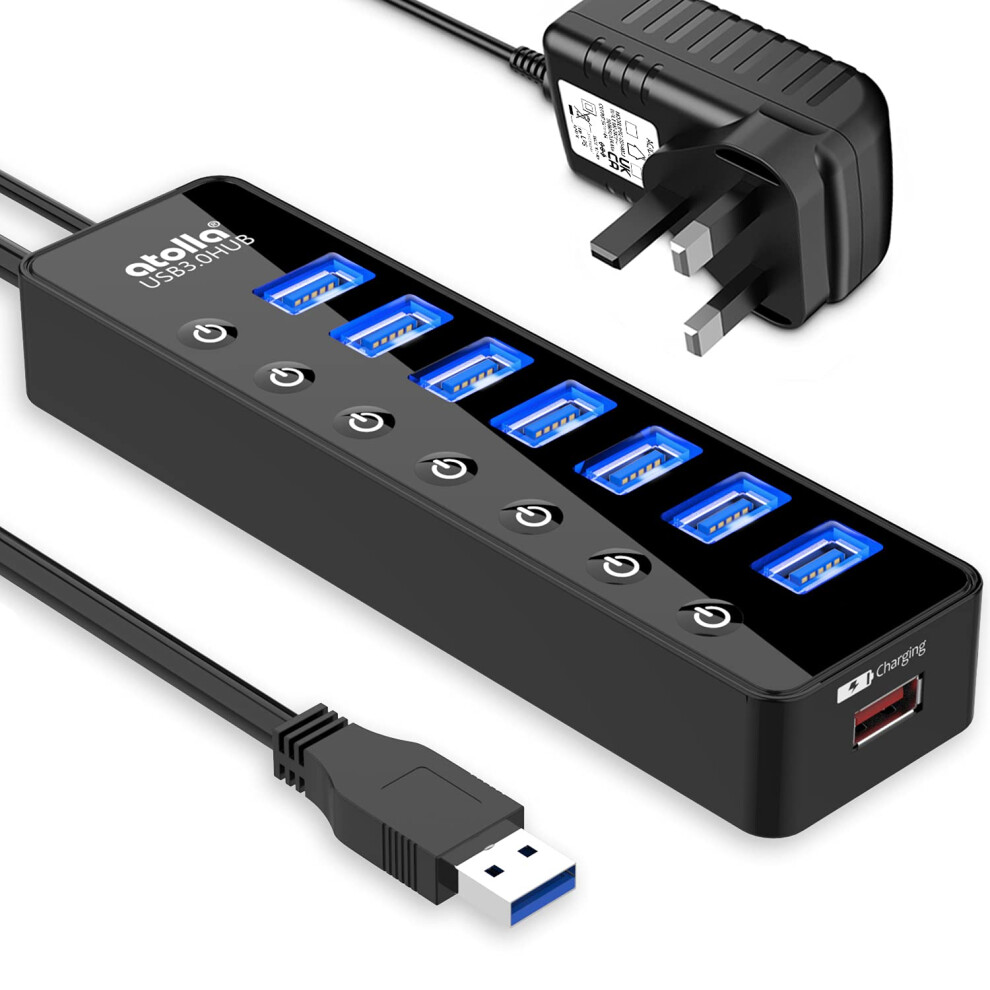 Atolla Powered Usb 3.0 Hub 20W, 7 Multi Usb Data Ports Hub Splitter With Individual On/Off Switches+1 Usb Smart Charging Port With 5V/4A Power Adapter 8000002465113